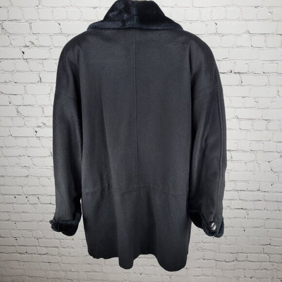 VTG Portrait Black Wool Blend Faux Fur Trim Buttoned Lined Over Coat Size 14 - Picture 2 of 13